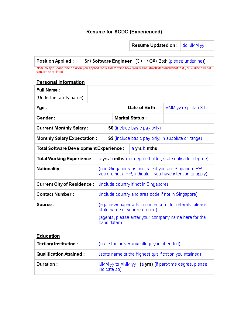 experienced it resume format modèles