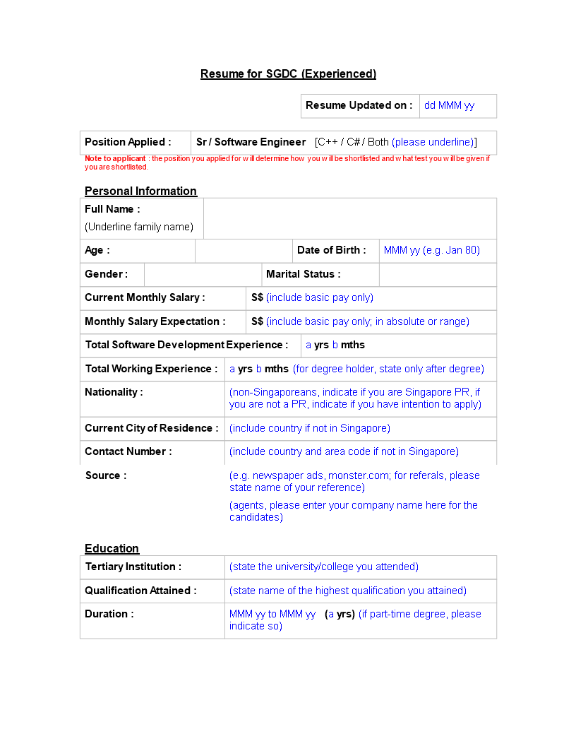 Experienced It Resume Format 模板