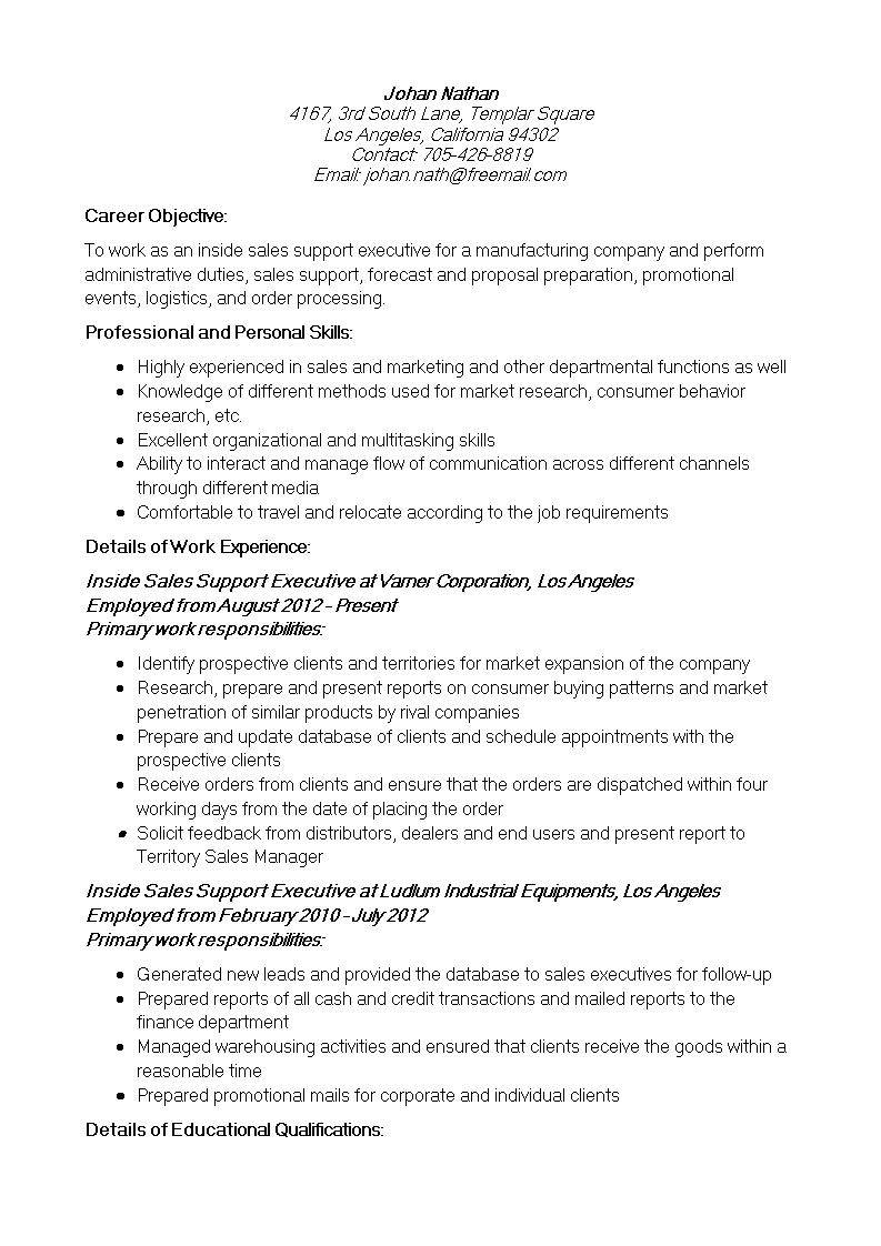 inside sales support resume modèles