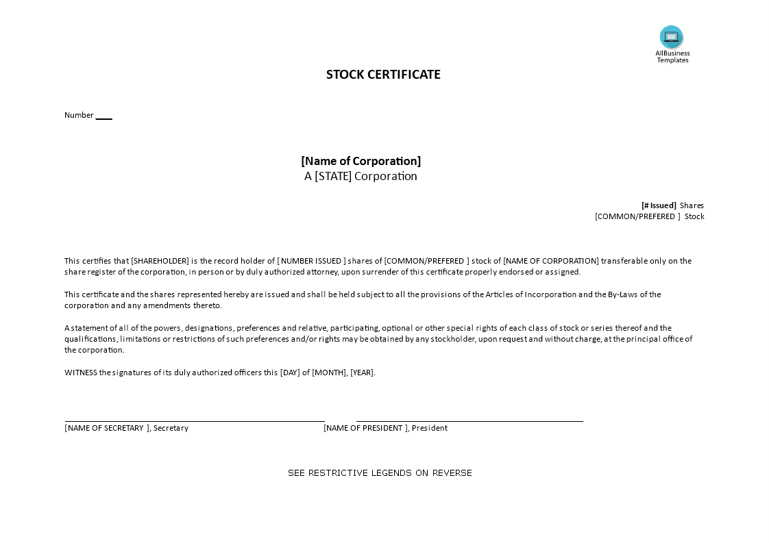 stock certificate and common stock voorbeeld afbeelding 