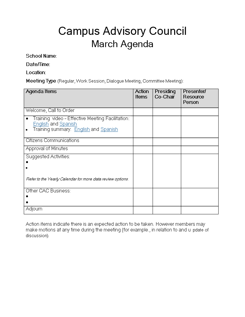 campus advisory council meeting agenda template