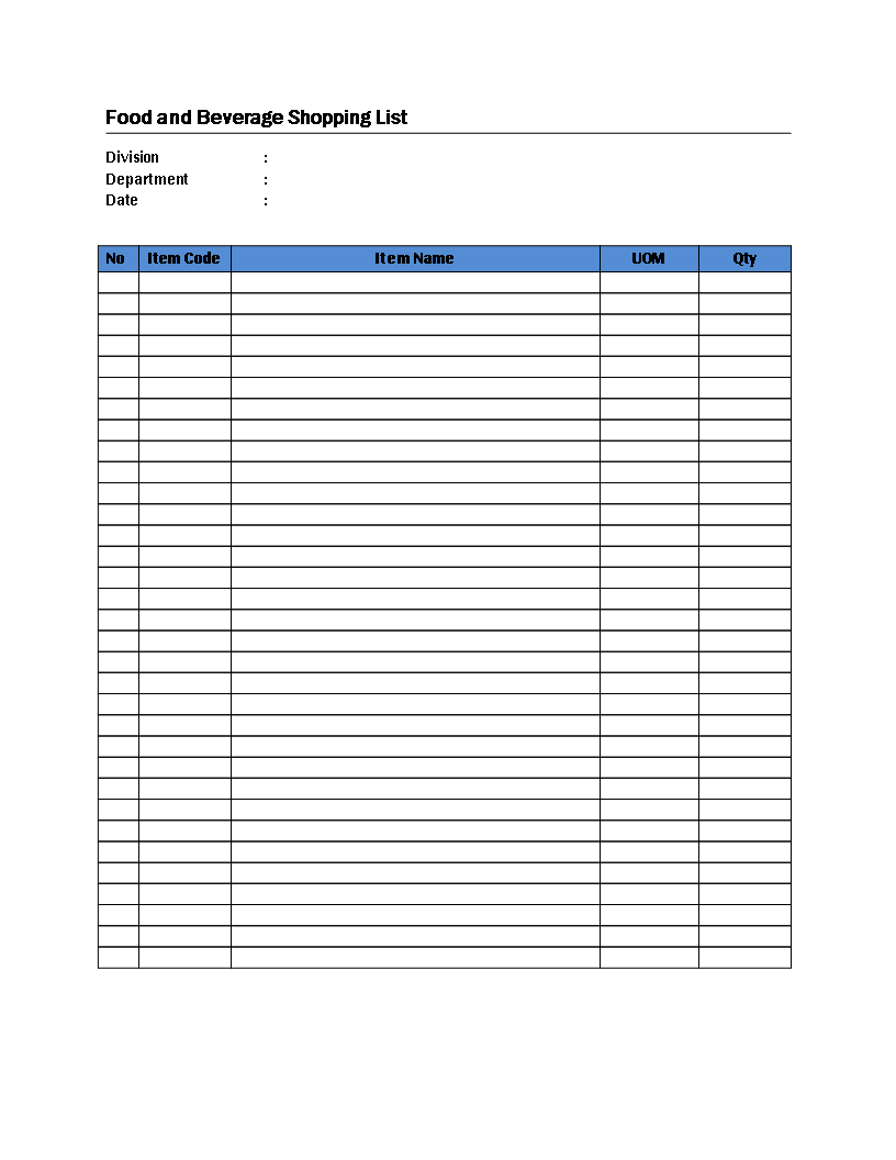 food beverage shopping list template