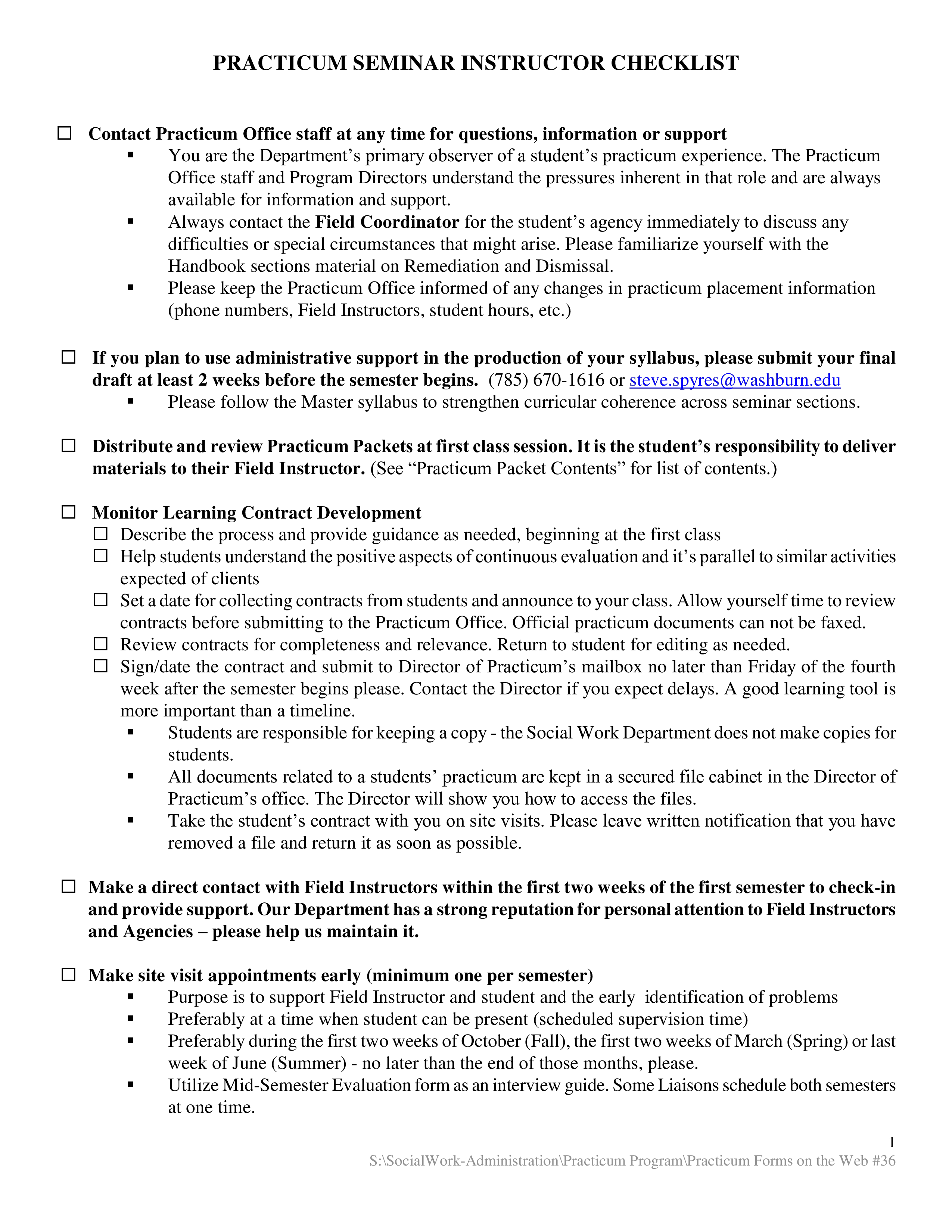 practicum seminar instructor checklist modèles