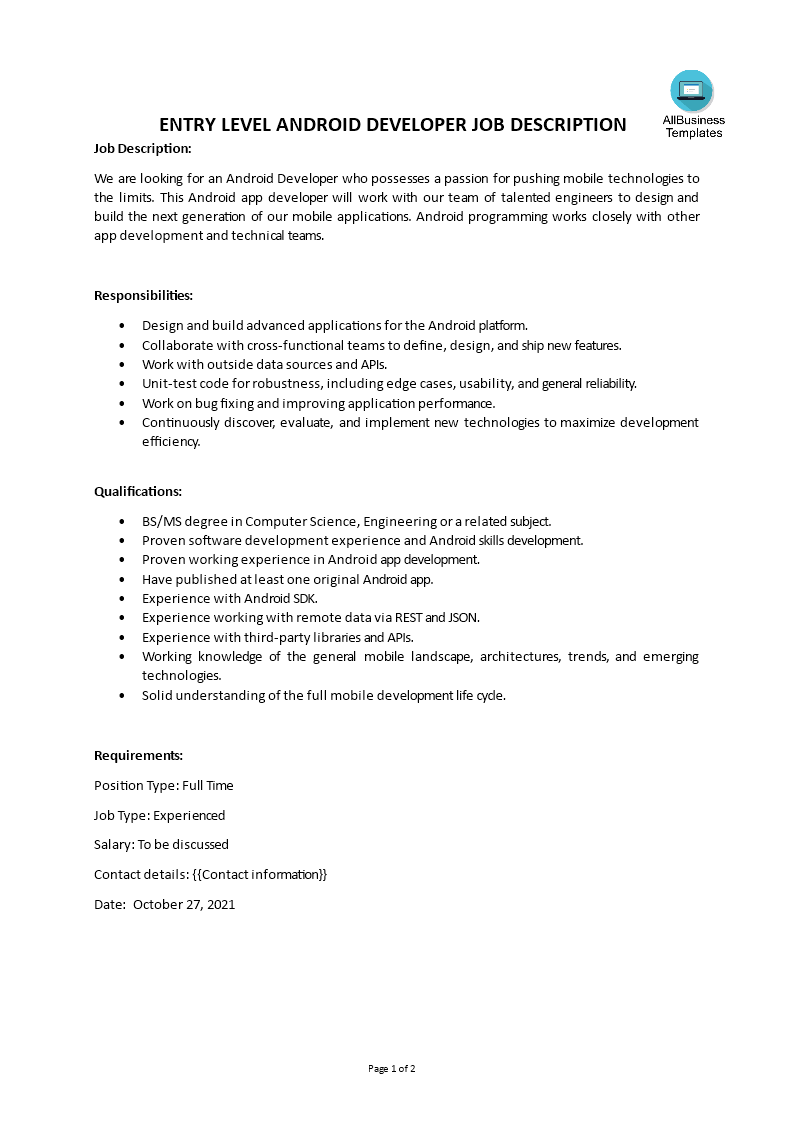 Entry Level Android Developer Job Description main image