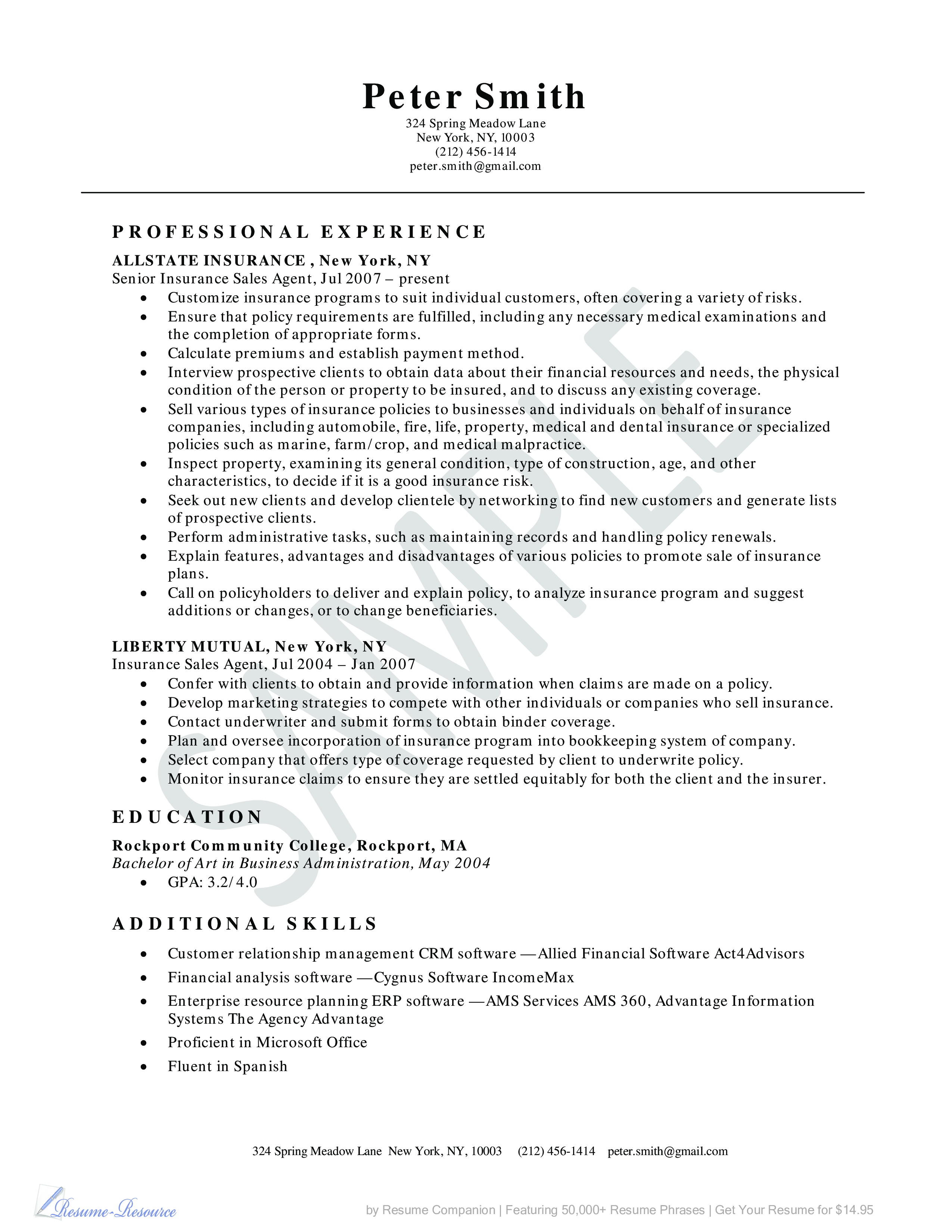 senior insurance sales agent resume template voorbeeld afbeelding 