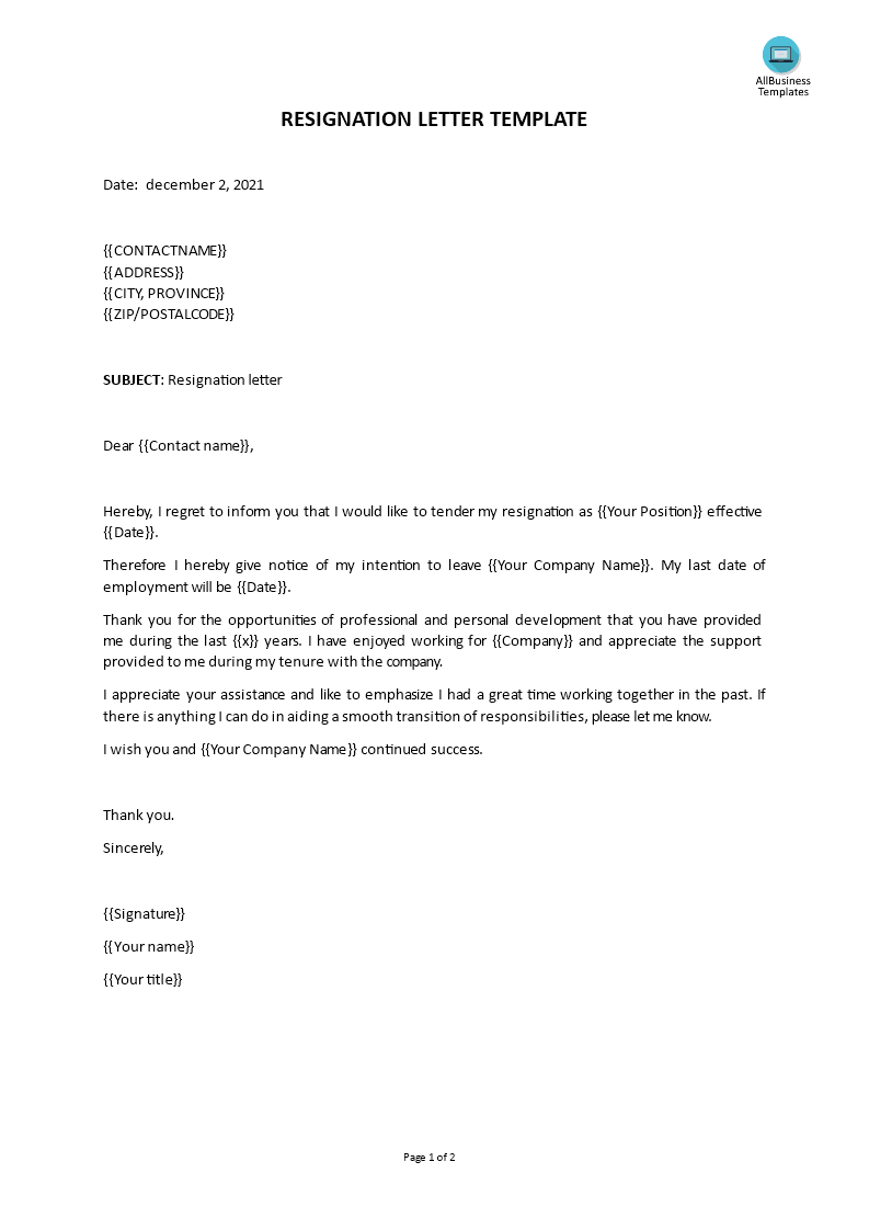 Kostenloses Sample Resignation letter