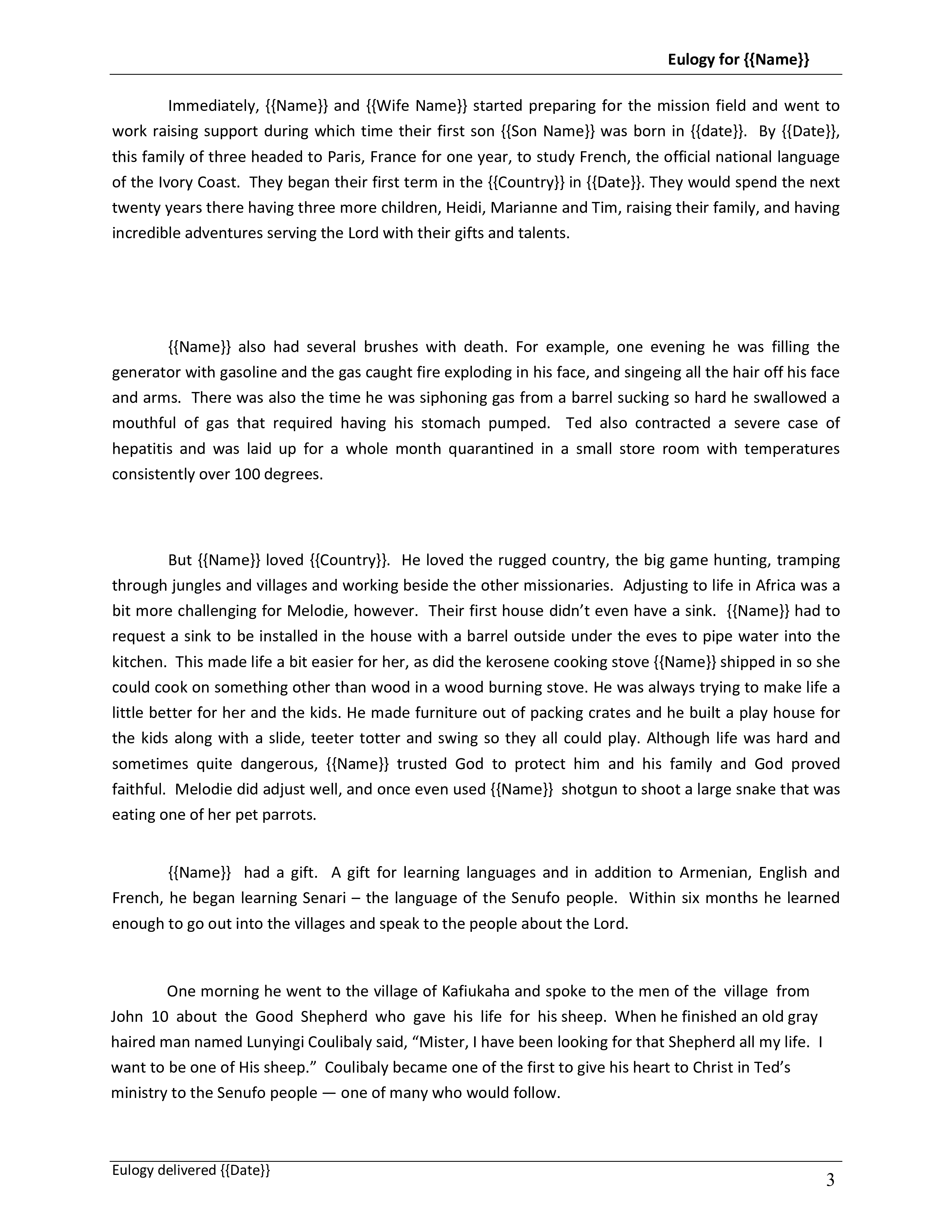 Eulogy for friend Templates at