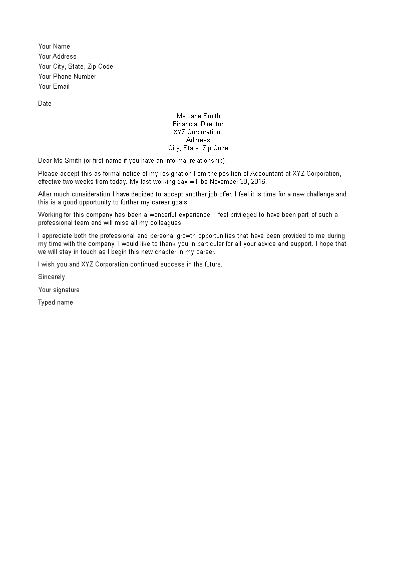 new job resignation letter sample template