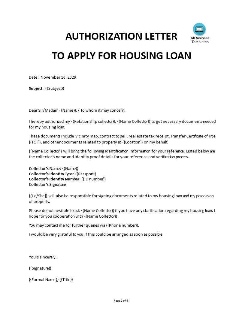 housing loan application letter to company