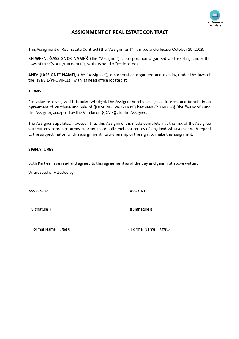 assignment of real estate contract template