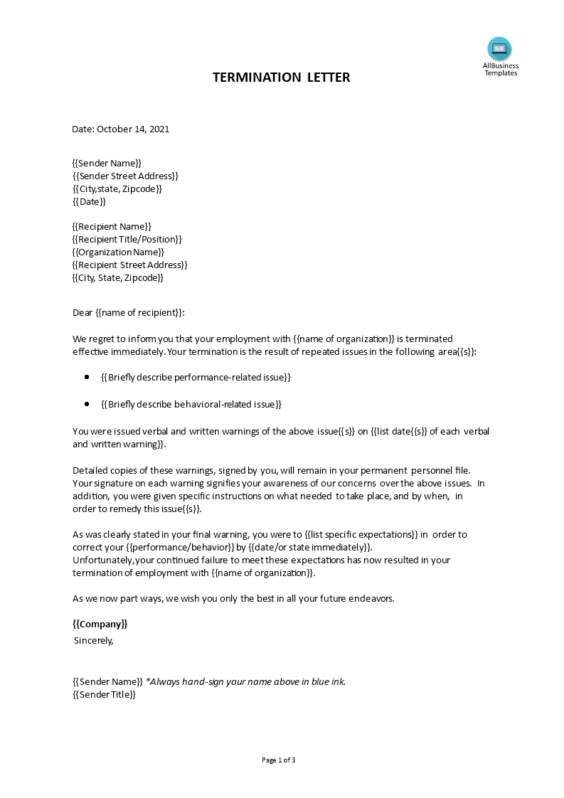 employment termination letter template modèles