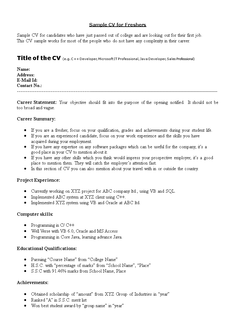 it resume for freshers template