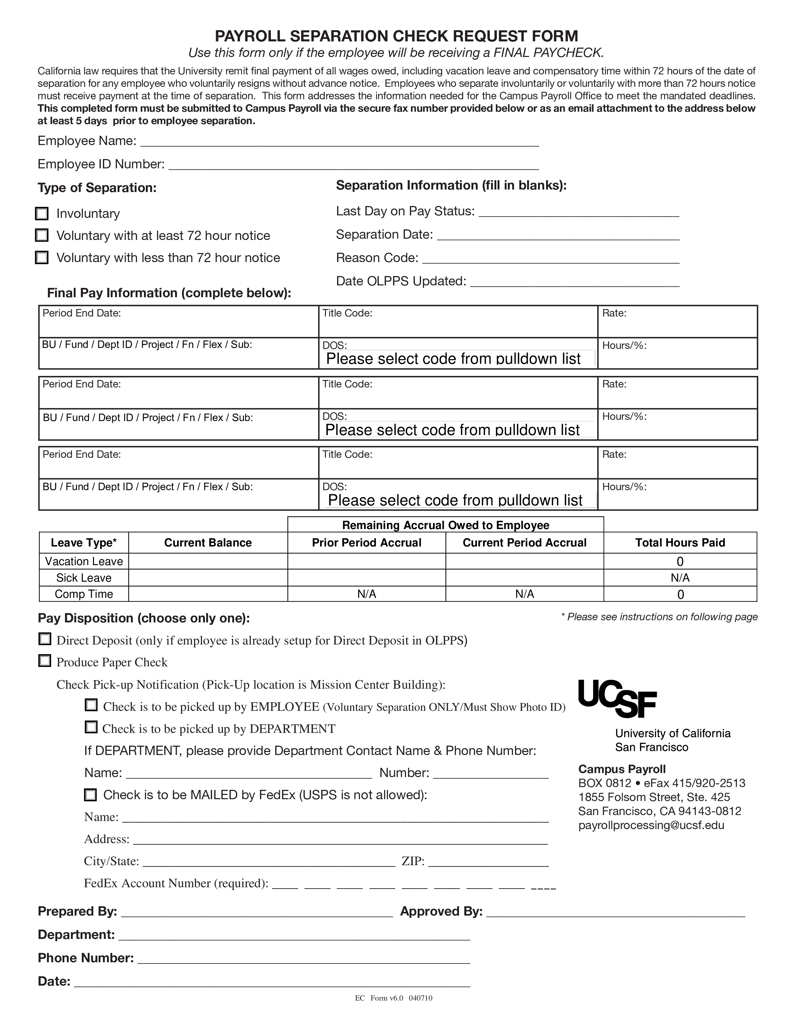 Payroll Separation Notice 模板