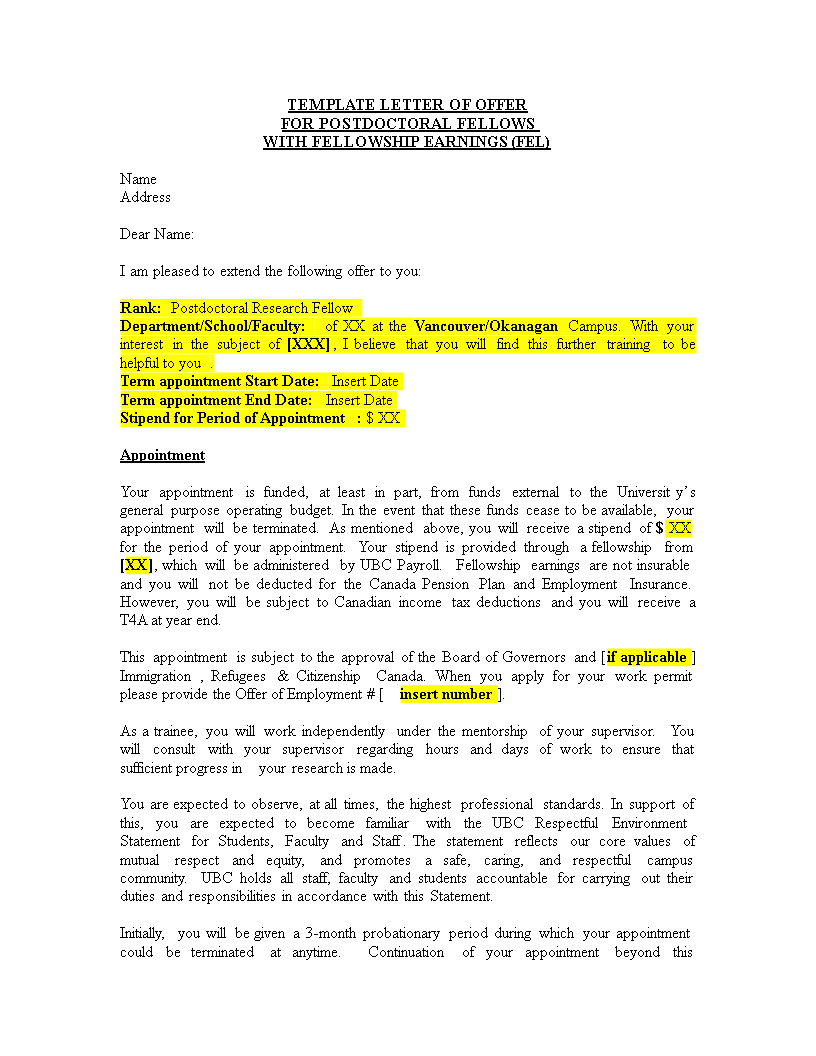 fellowship offer letter template