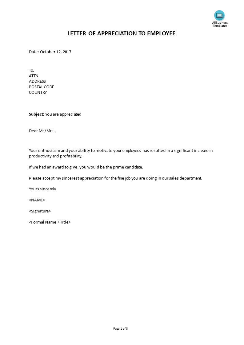 Sample Letter Of Appreciation To Employee from www.allbusinesstemplates.com