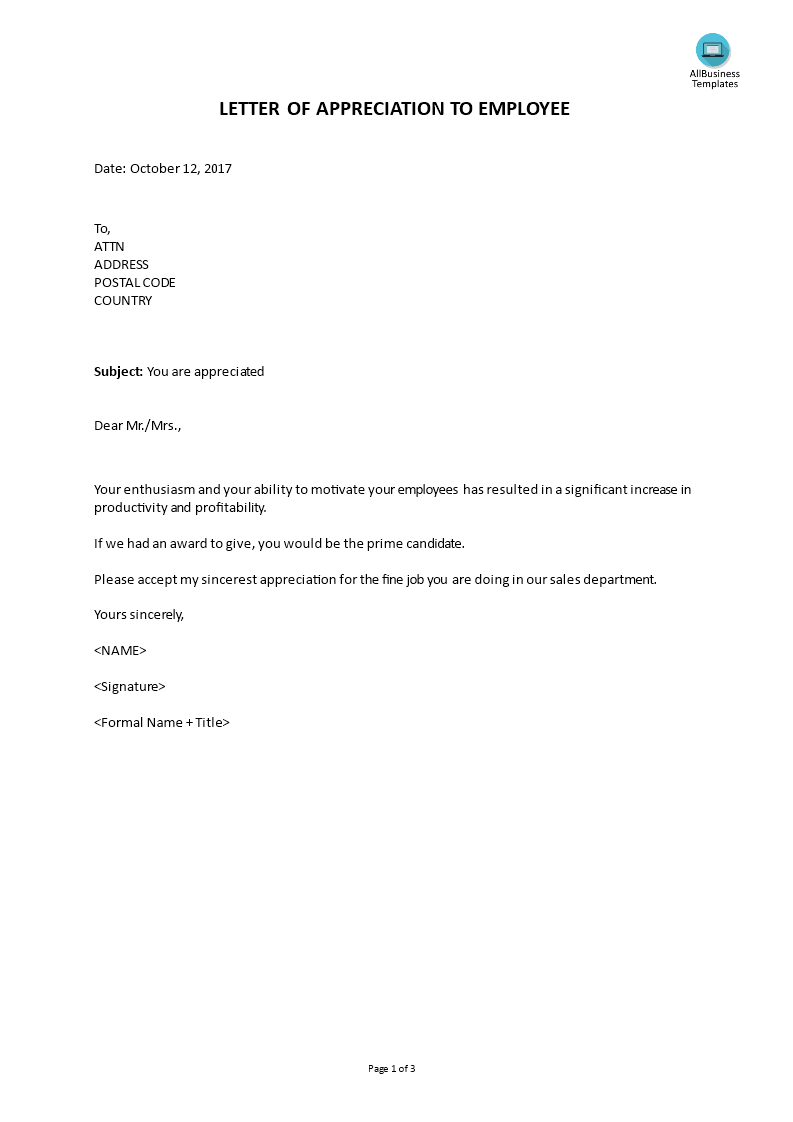 letter of appreciation to employee template