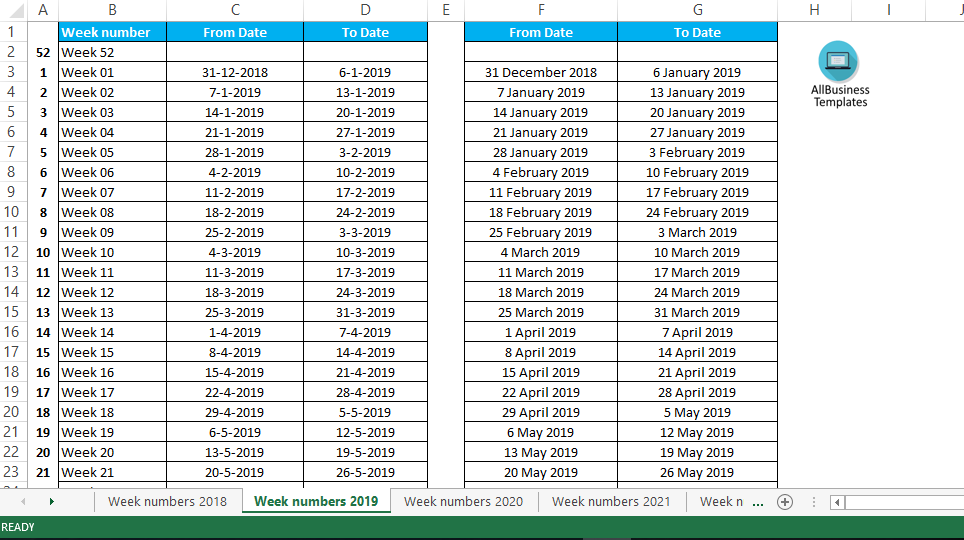 week numbers 2019 template