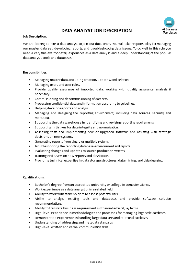 data analyst job description template