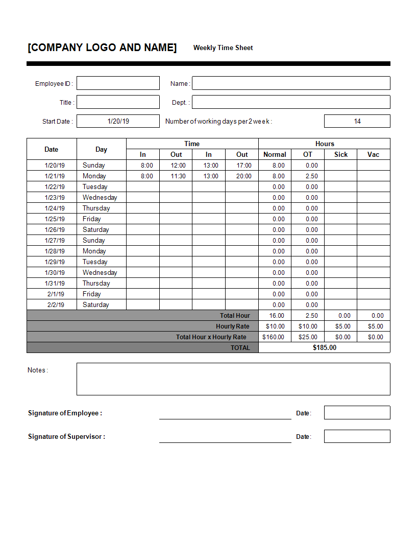 biweekly time sheet modèles