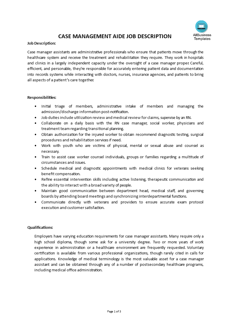 case management aide job description modèles