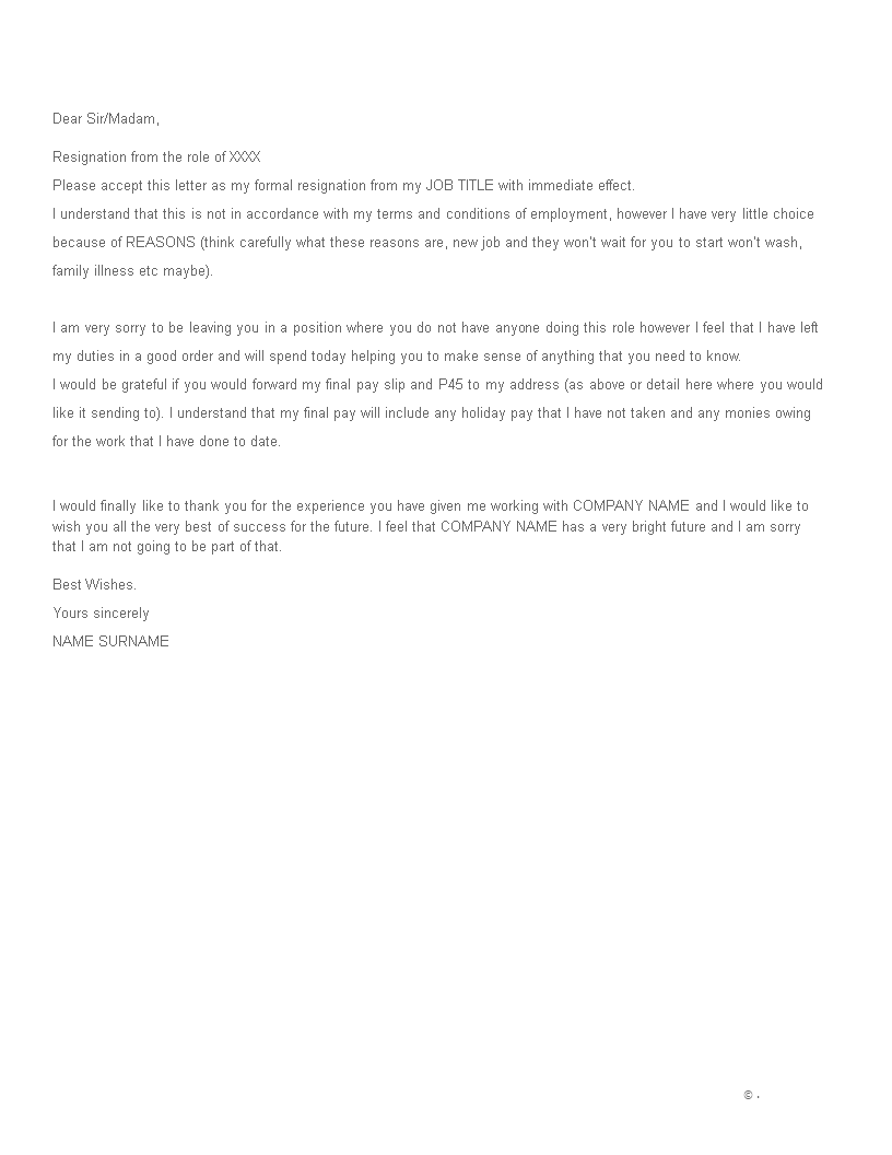 Formal Resignation Letter Effective Immediately Templates at