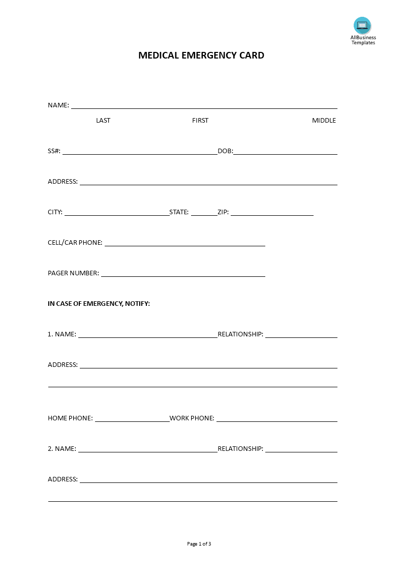 Hr Medical Emergency Card  Templates at allbusinesstemplates.com With Emergency Contact Card Template