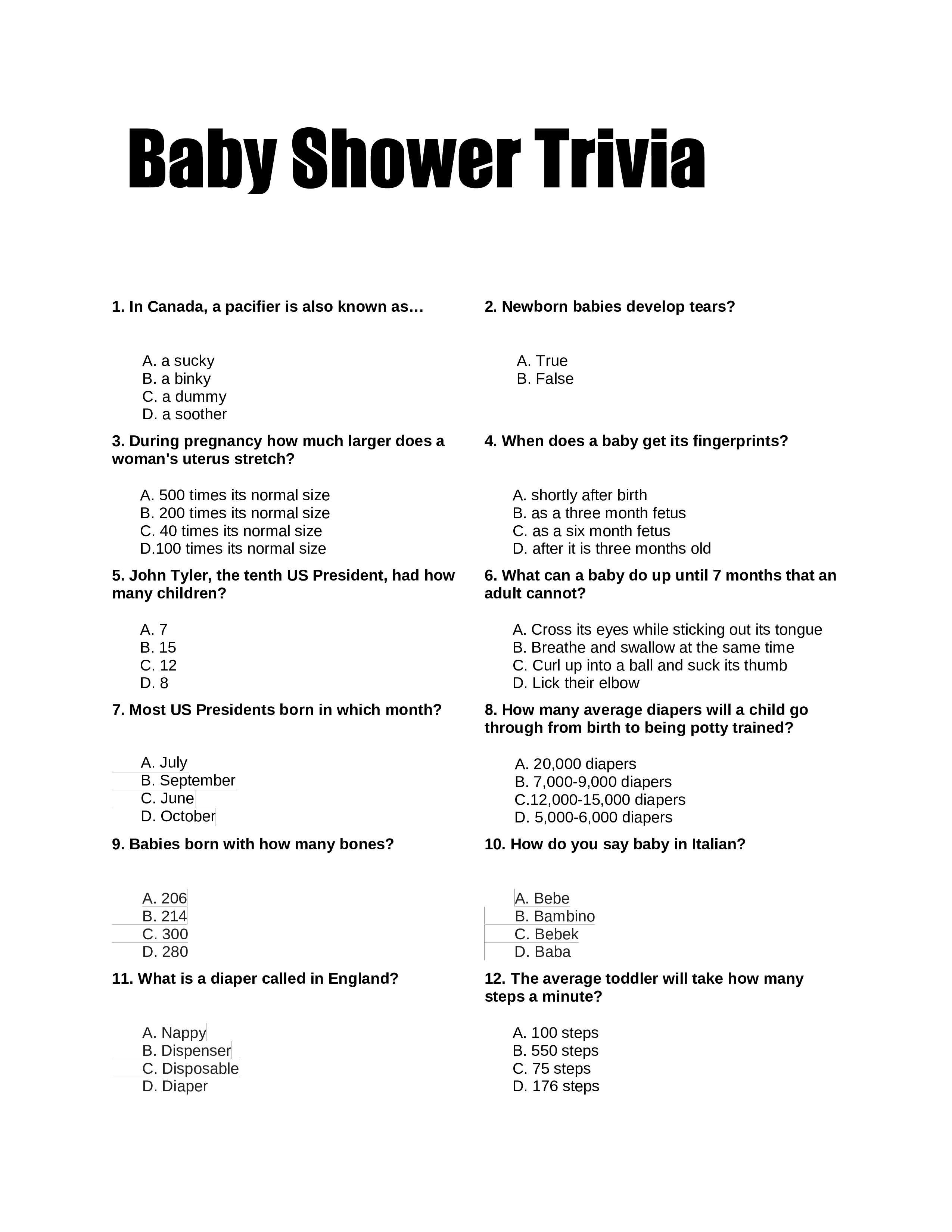 baby shower trivia template