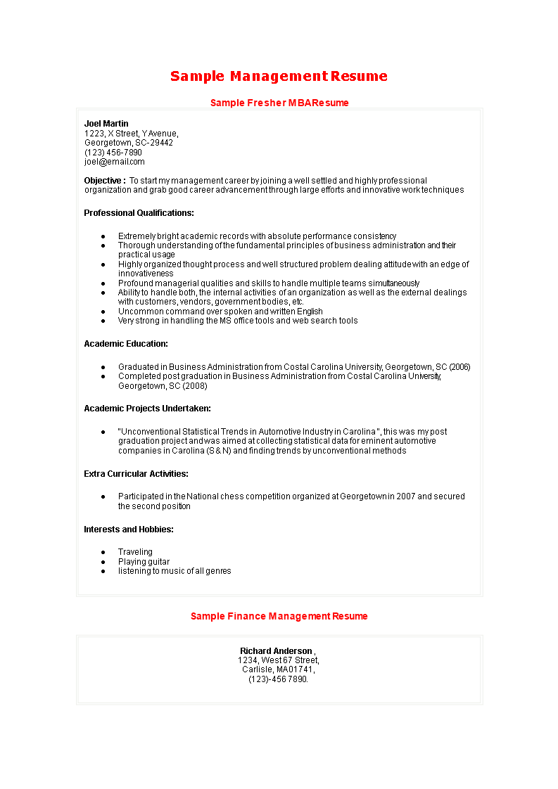 sample professional business resume template