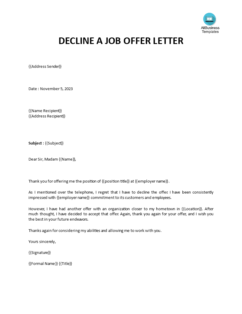 decline job offer modèles