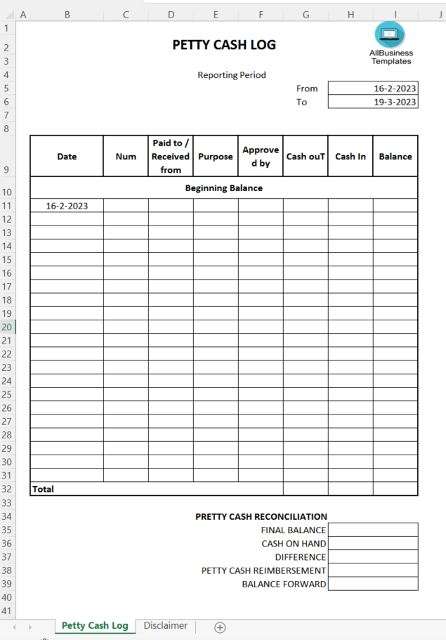 petty cash spreadsheet template