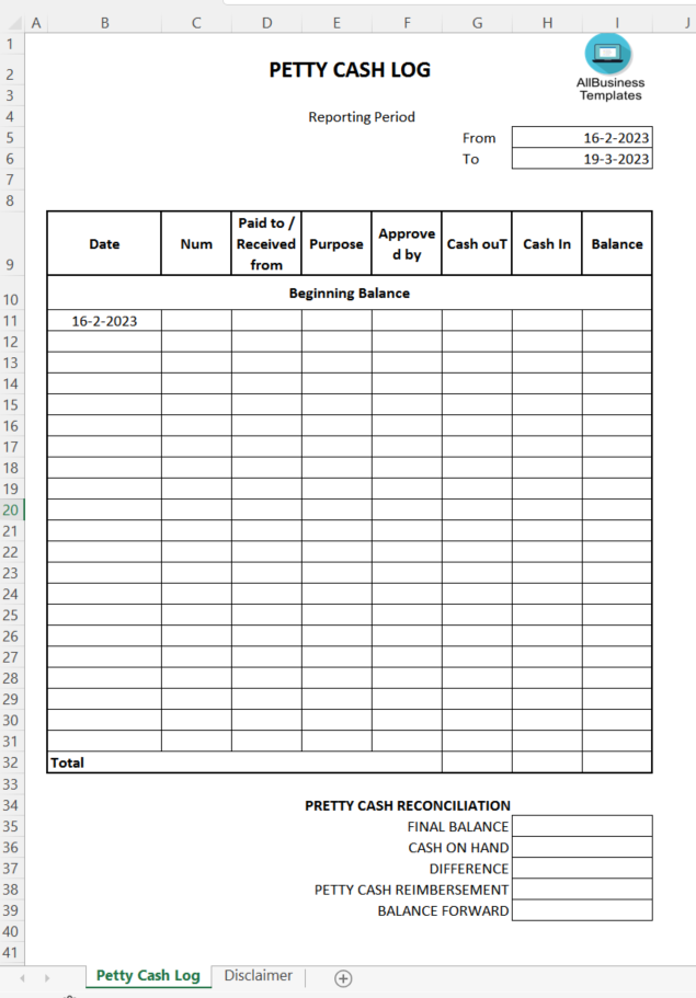 Petty Cash Spreadsheet main image