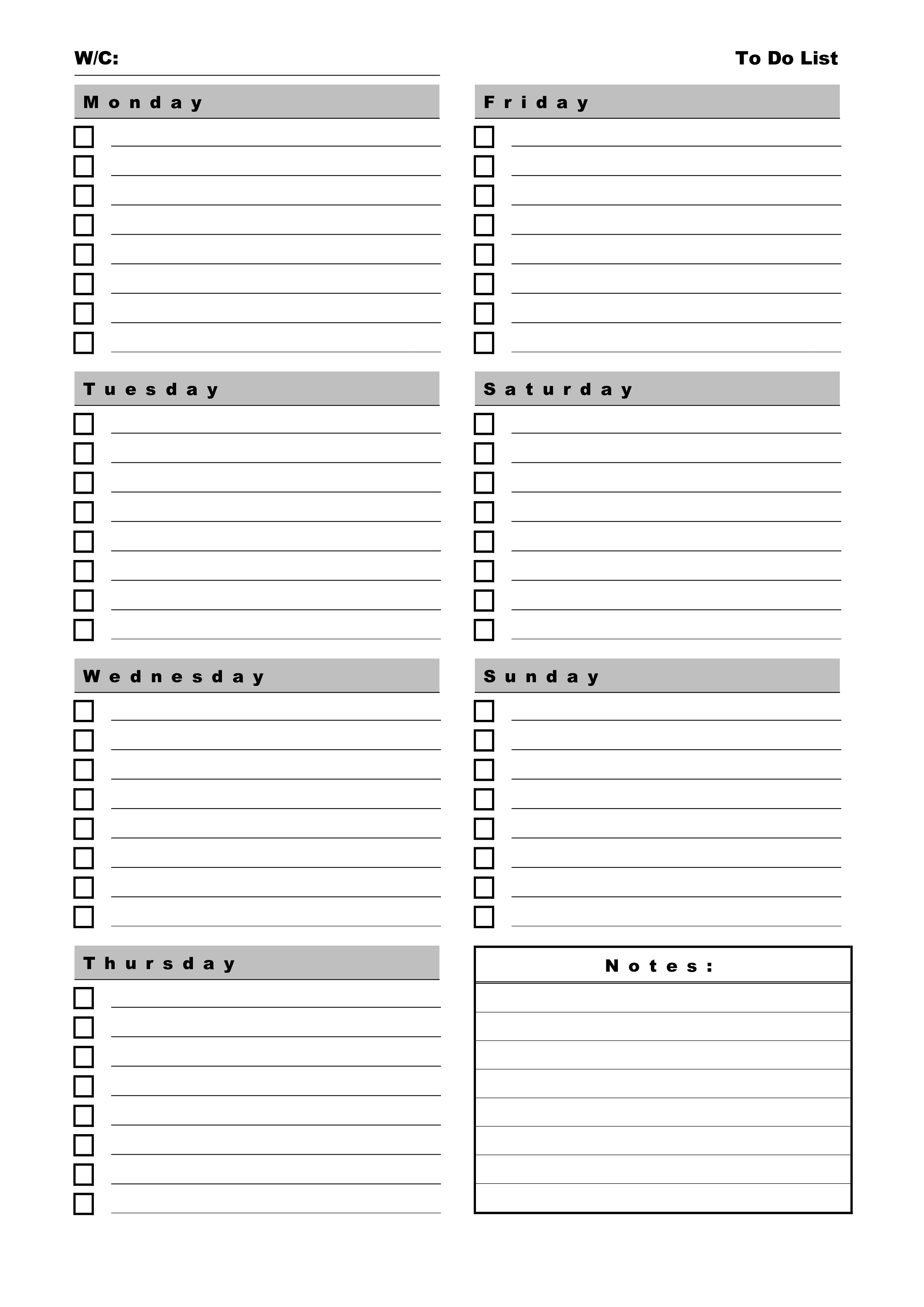 Printable To-Do List 7 days a week portrait 模板