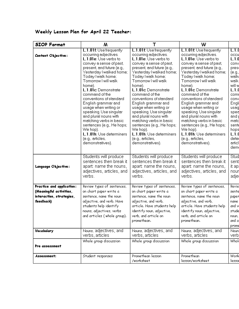 teacher weekly educational lessons plan template