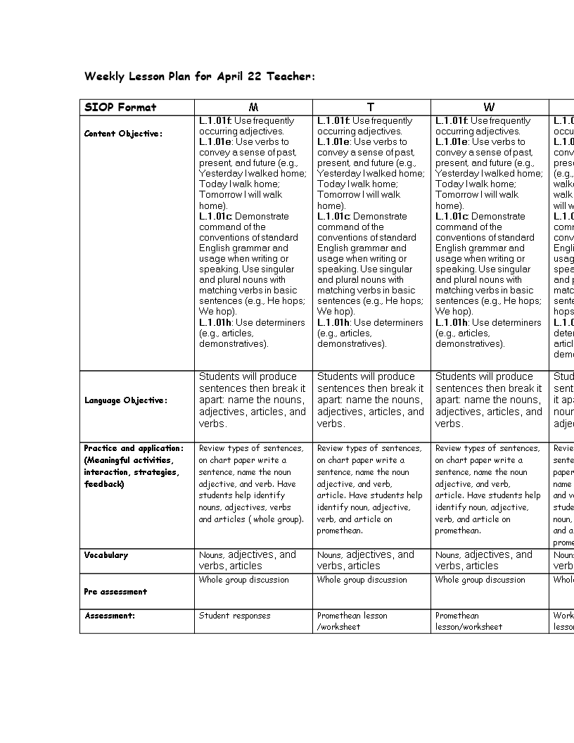 teacher weekly educational lessons plan modèles