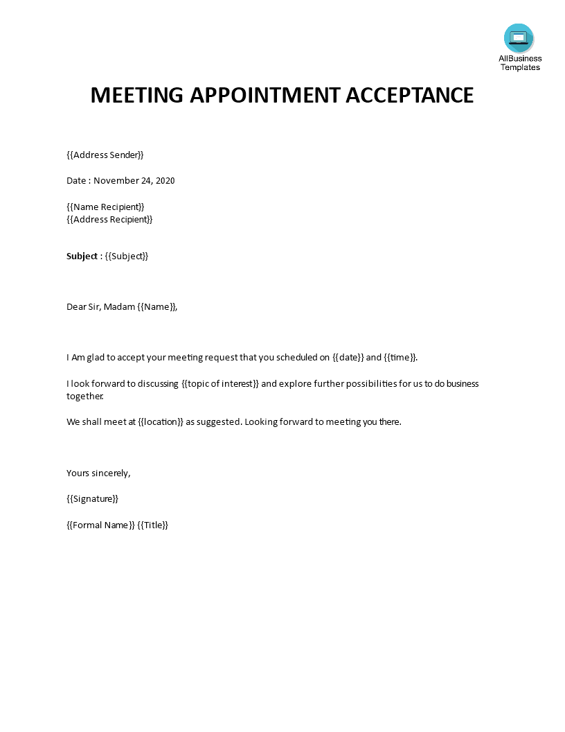 Kostenloses Meeting Appointment Acceptance Letter Regarding Business Meeting Request Template