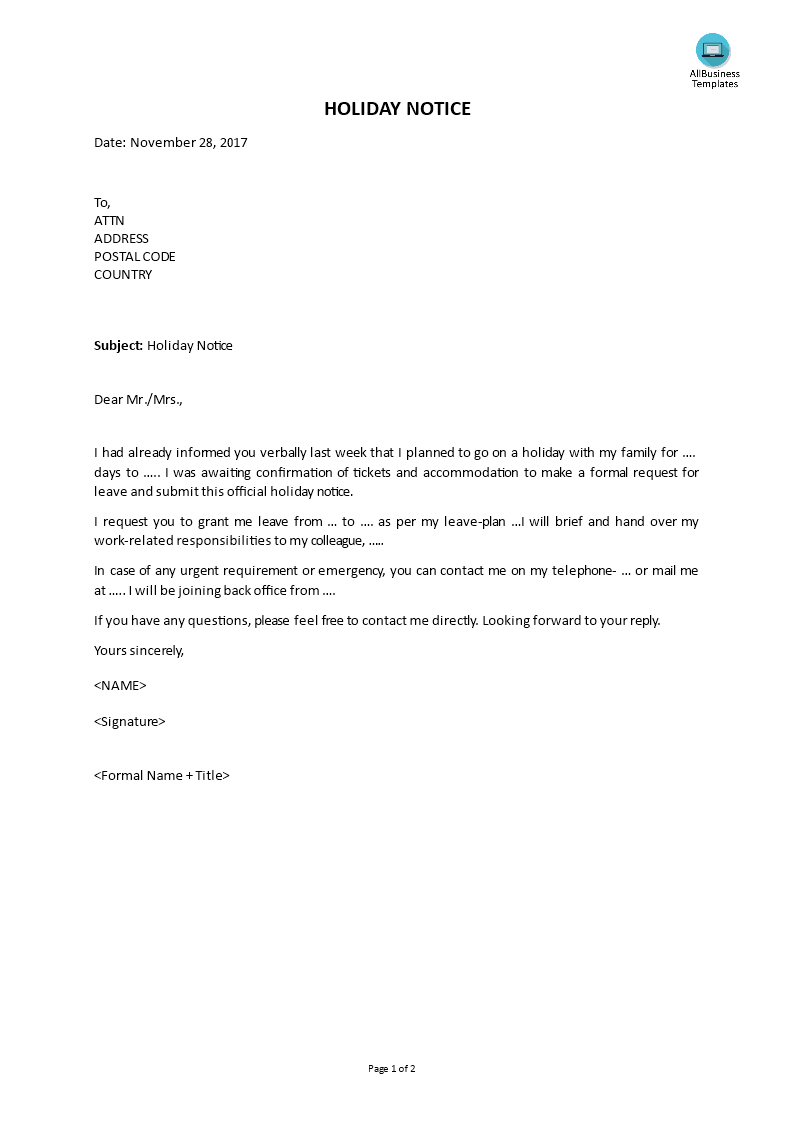 holiday notice letter template