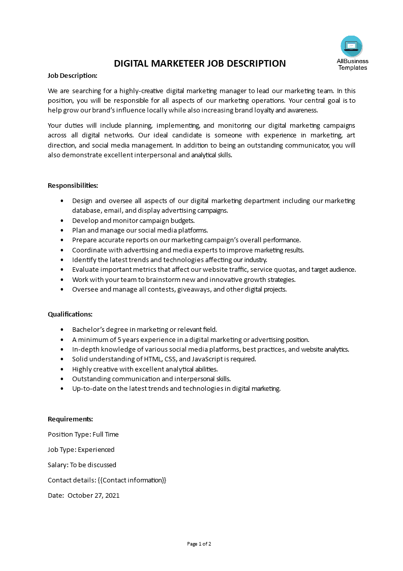 digital marketeer job description template