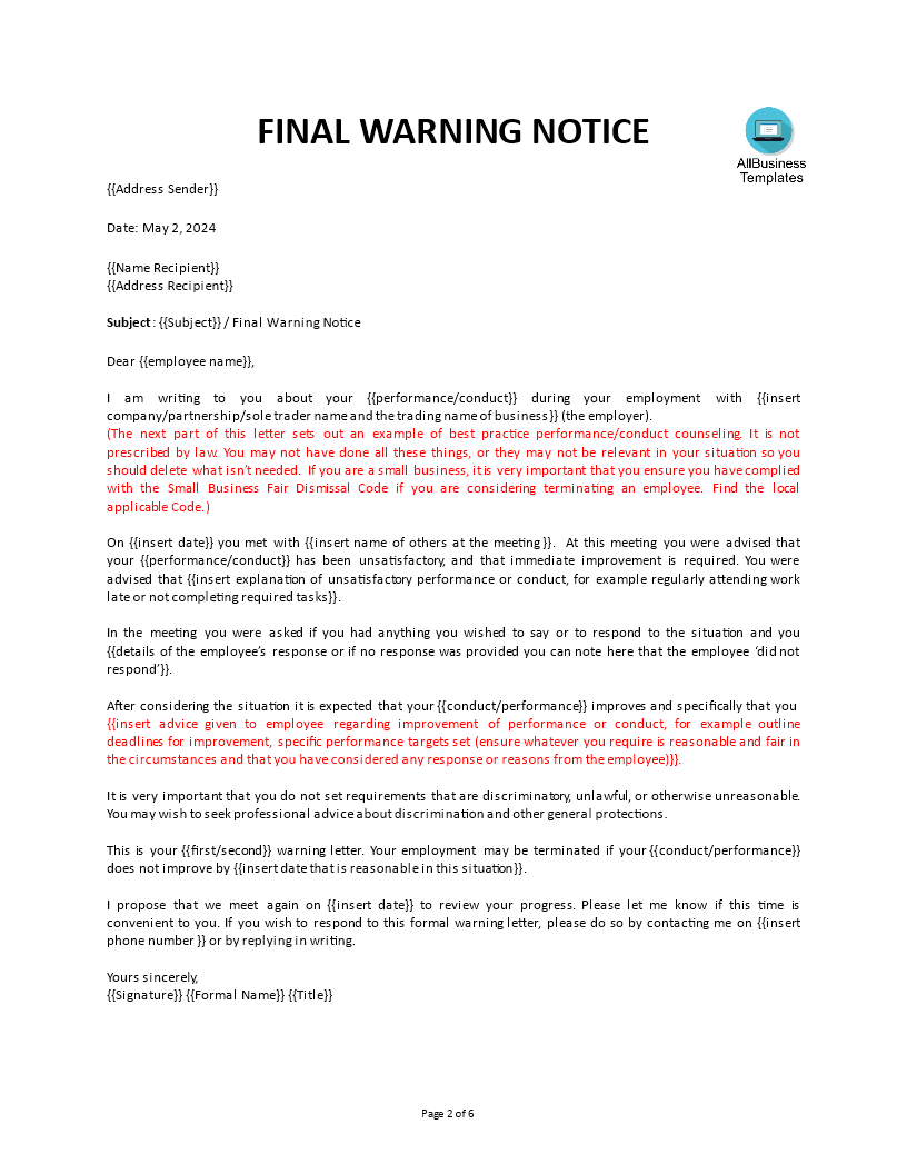 employee final warning letter plantilla imagen principal