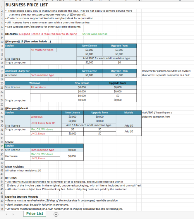 Price List Example 模板