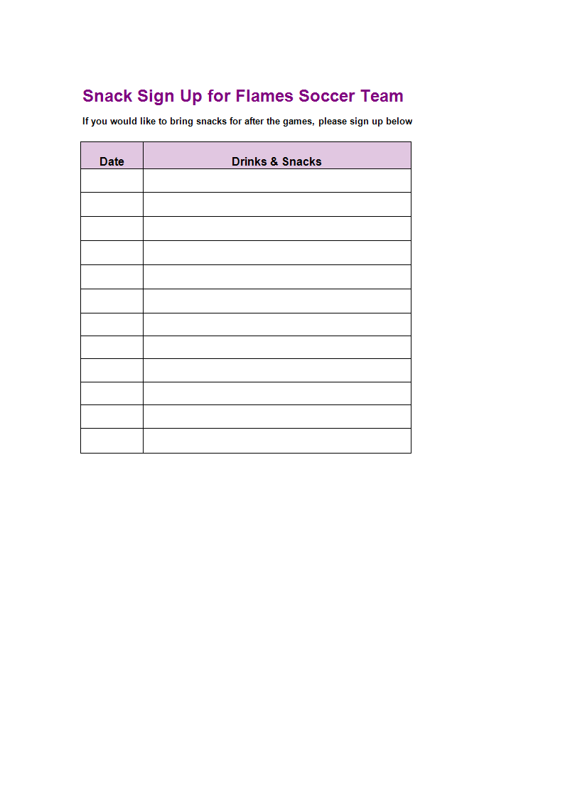 Drinks Snacks Sign-up Sheet sample 模板