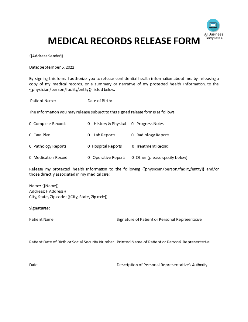 Medical Records Release Form sample 模板