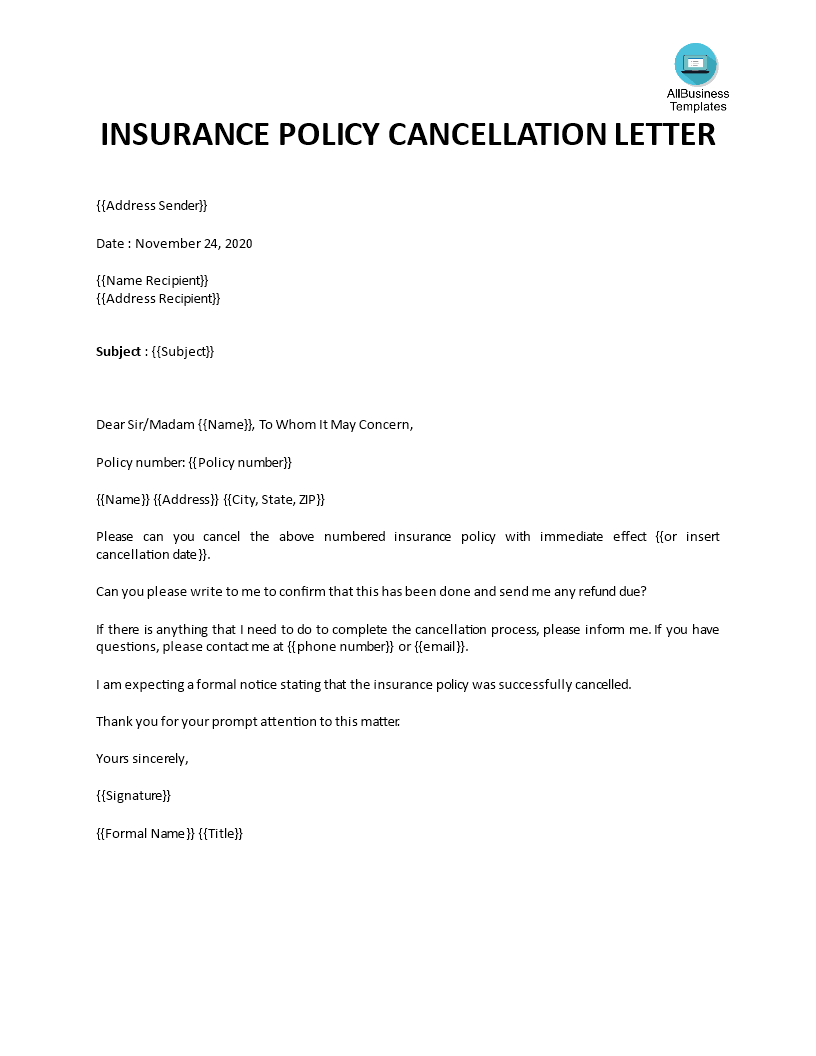 Insurance Contract Termination Letter 模板