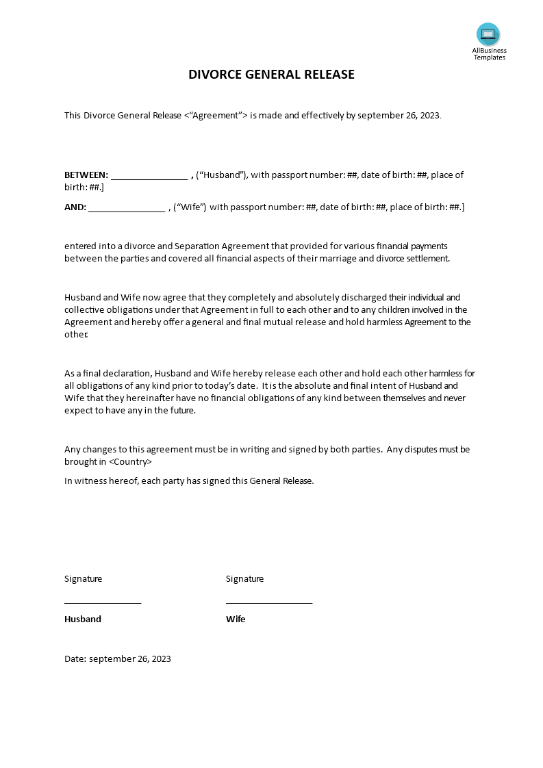 divorce general settlement example (release) template