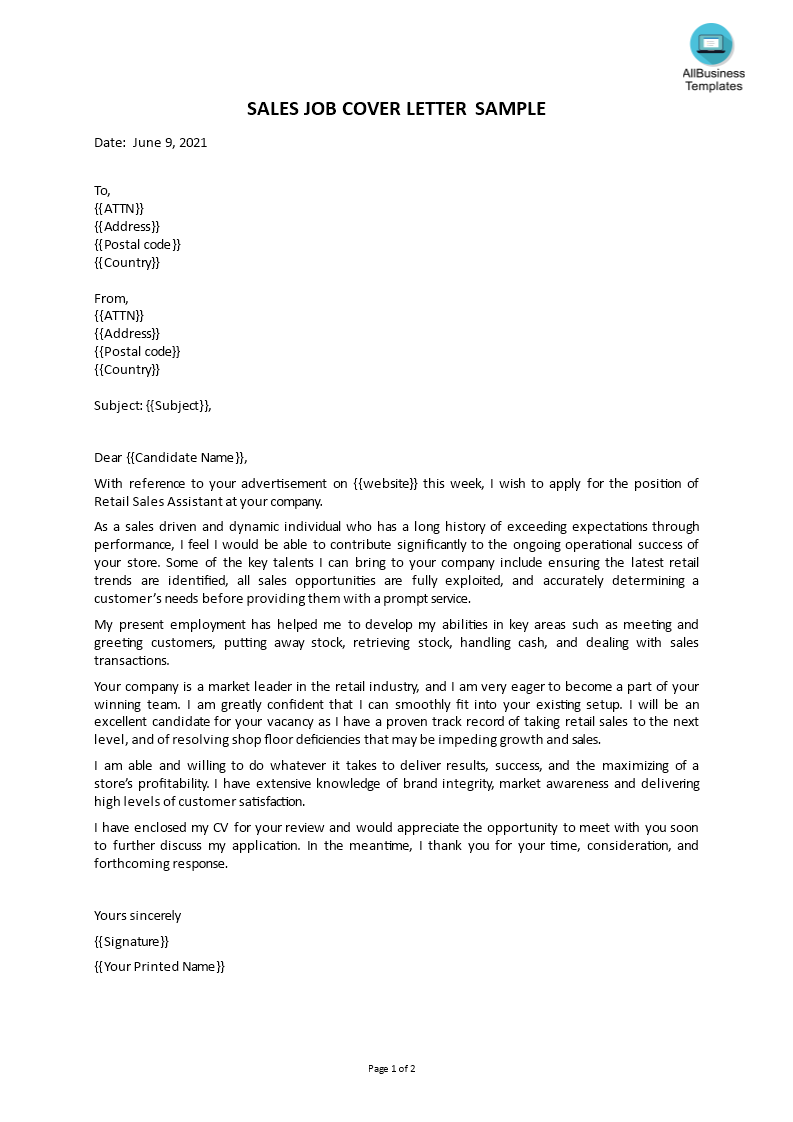 cover letter for retail sales associate Hauptschablonenbild