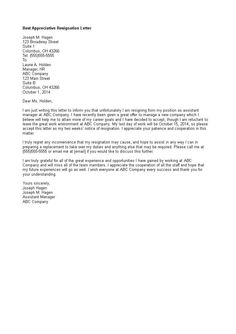 Kostenloses Best Appreciative Resignation Letter