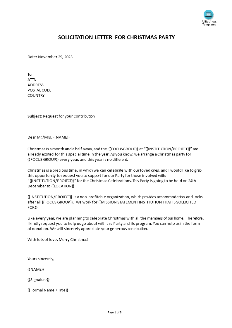 solicitation letter for christmas party Hauptschablonenbild