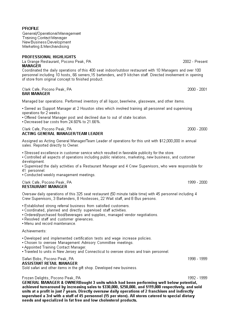 Marketing Manager for Restaurant Resume main image