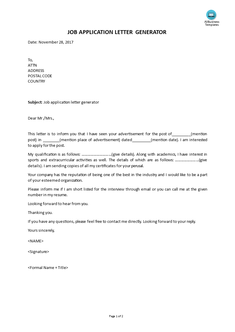 job application letter generator template