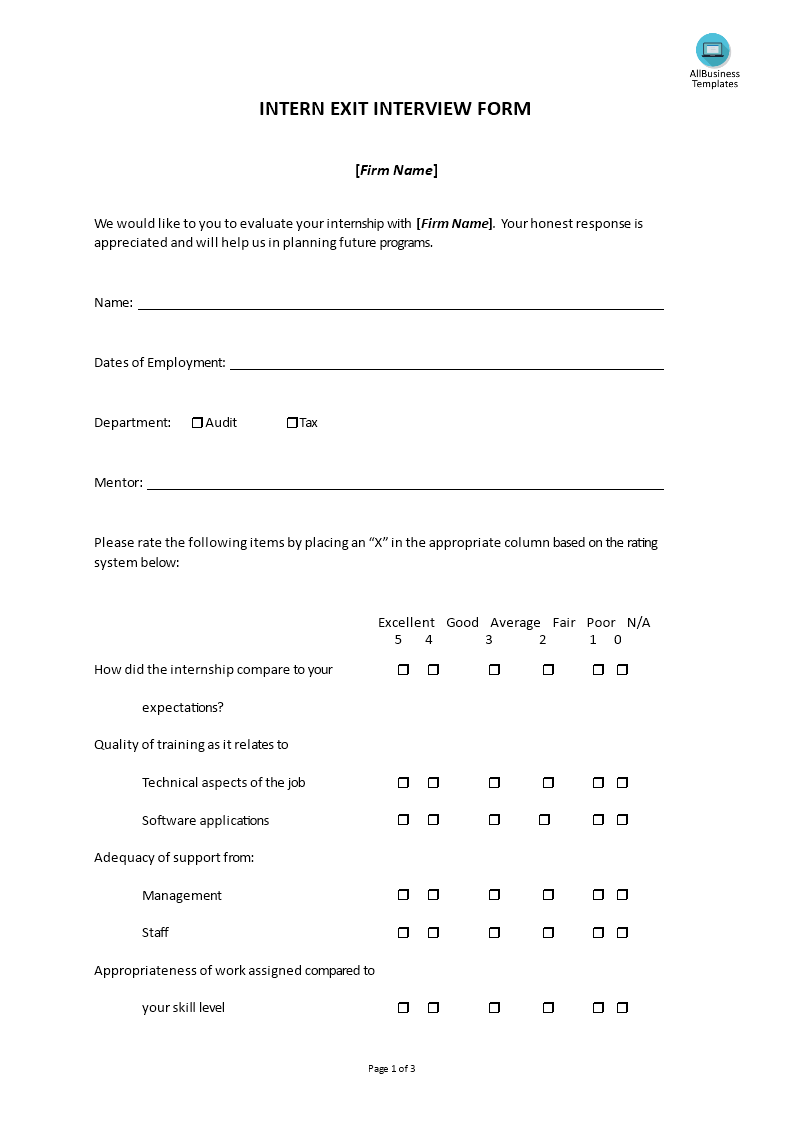 Intern Exit Interview Form main image