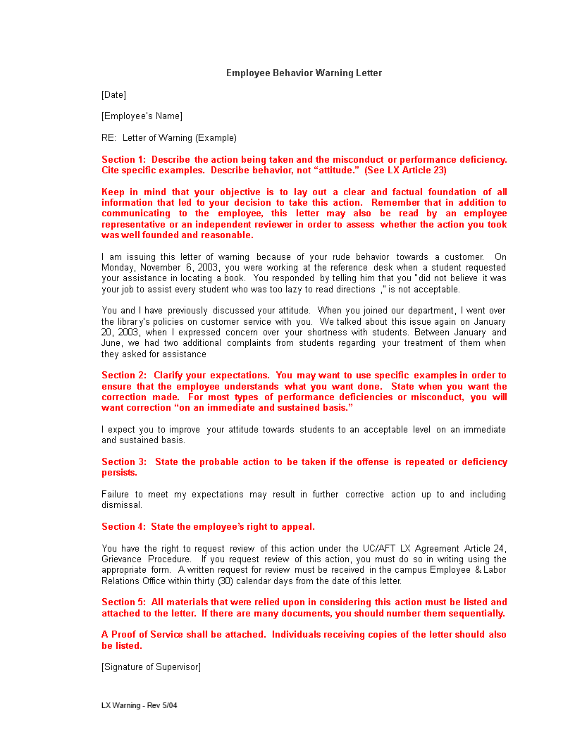 employee behavior warning letter plantilla imagen principal